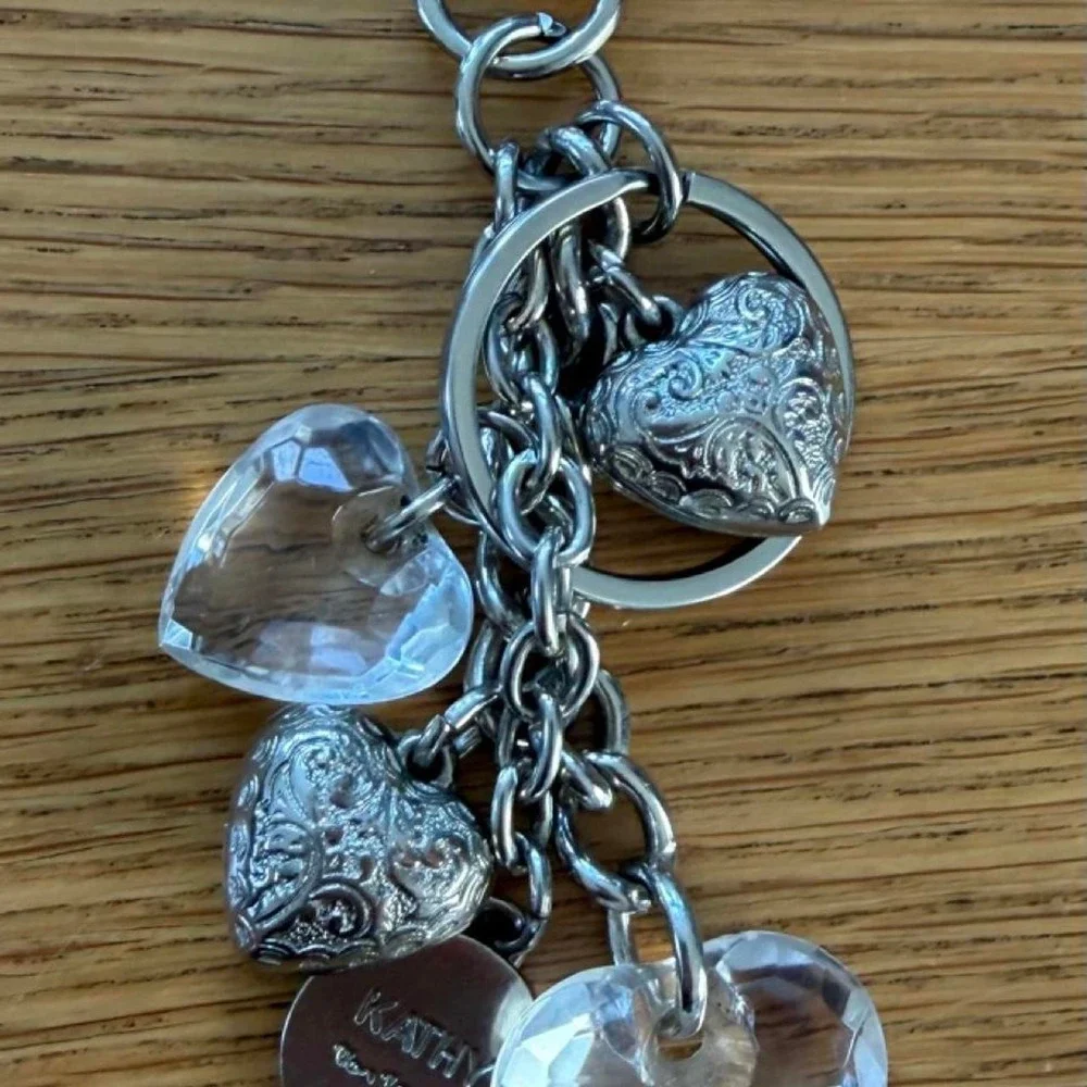 Kathy Ireland silver heart charm keychain clear charms ornate silver hearts